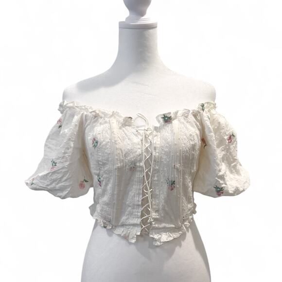 FOR LOVE & LEMONS Rainey Crop Top IVORY XS Eyelet Puff Sleeve Lace-Up - Picture 5 of 9